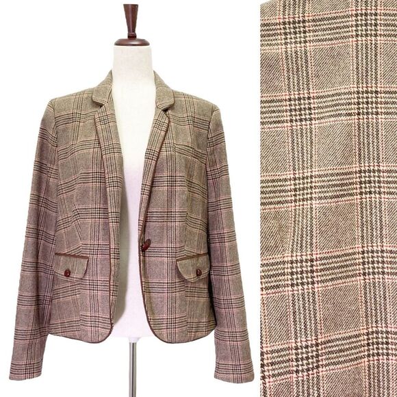 Lands End Glen Plaid Single Button Blazer Tan & Brown Leather Buttons Size 16 - Picture 1 of 15